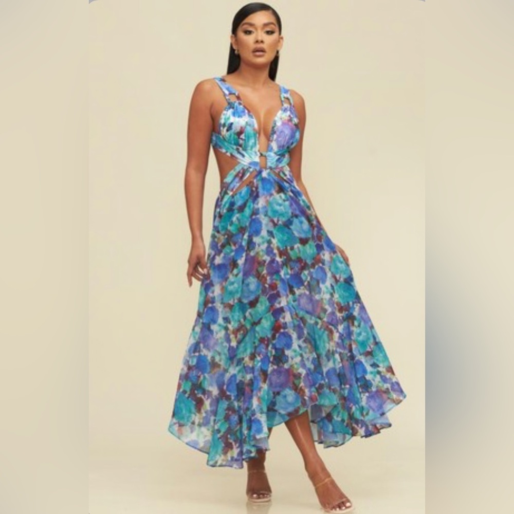 multi colored cut out deep v maxi dress tropical vacation resort wear flowy